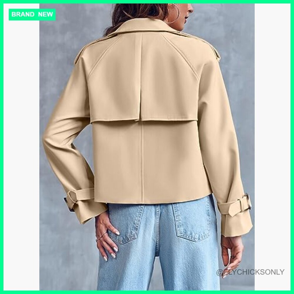 Double Breasted Trench Coat Cropped Jacket with Pockets - Picture 5 of 7